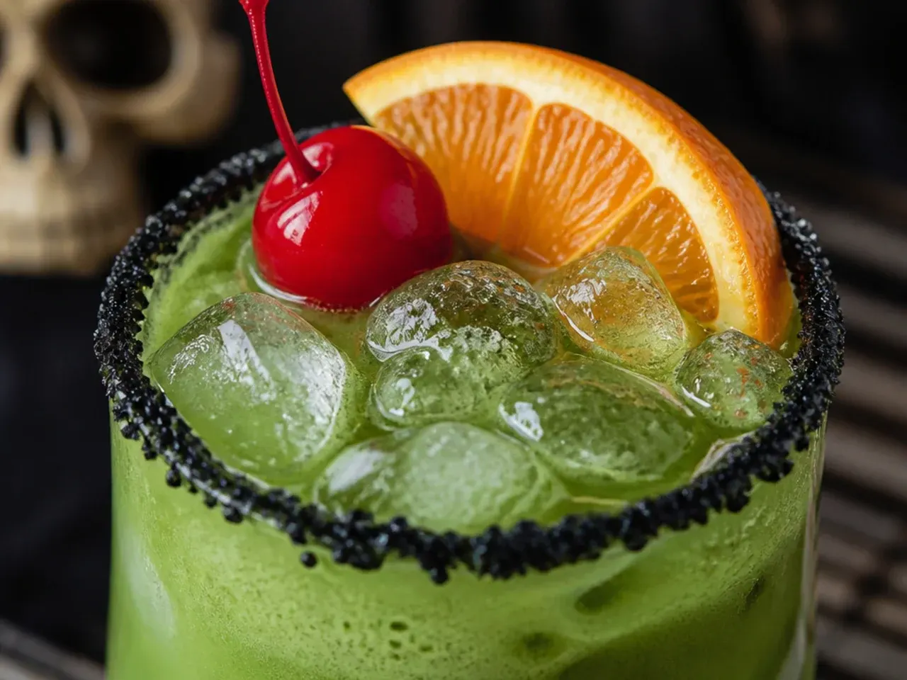 A green frappe topped with whipped cream and dripping chocolate syrup in a clear cup.