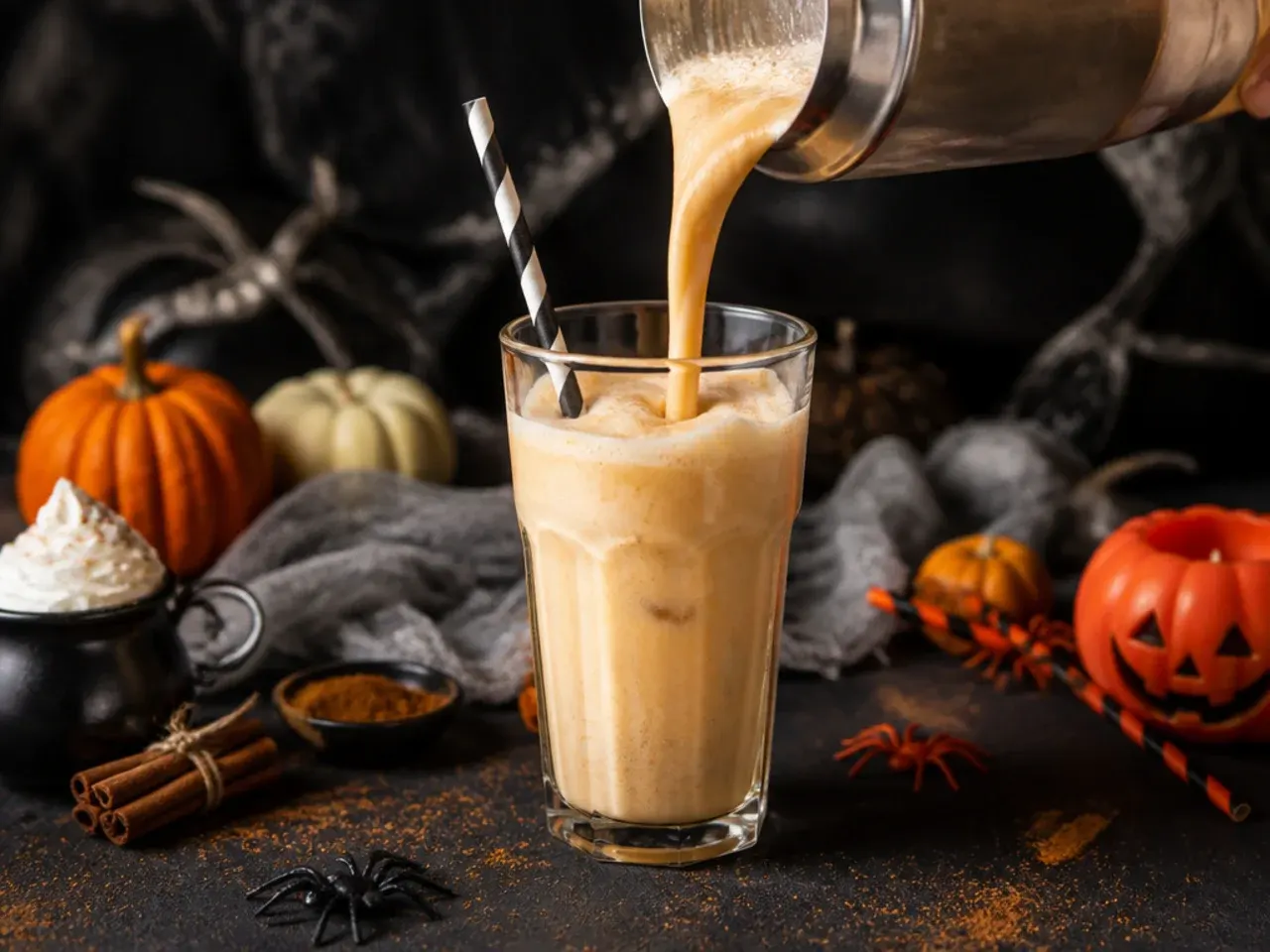 A creamy orange pumpkin spice milkshake topped with whipped cream, cinnamon and a mini ghost cookie.