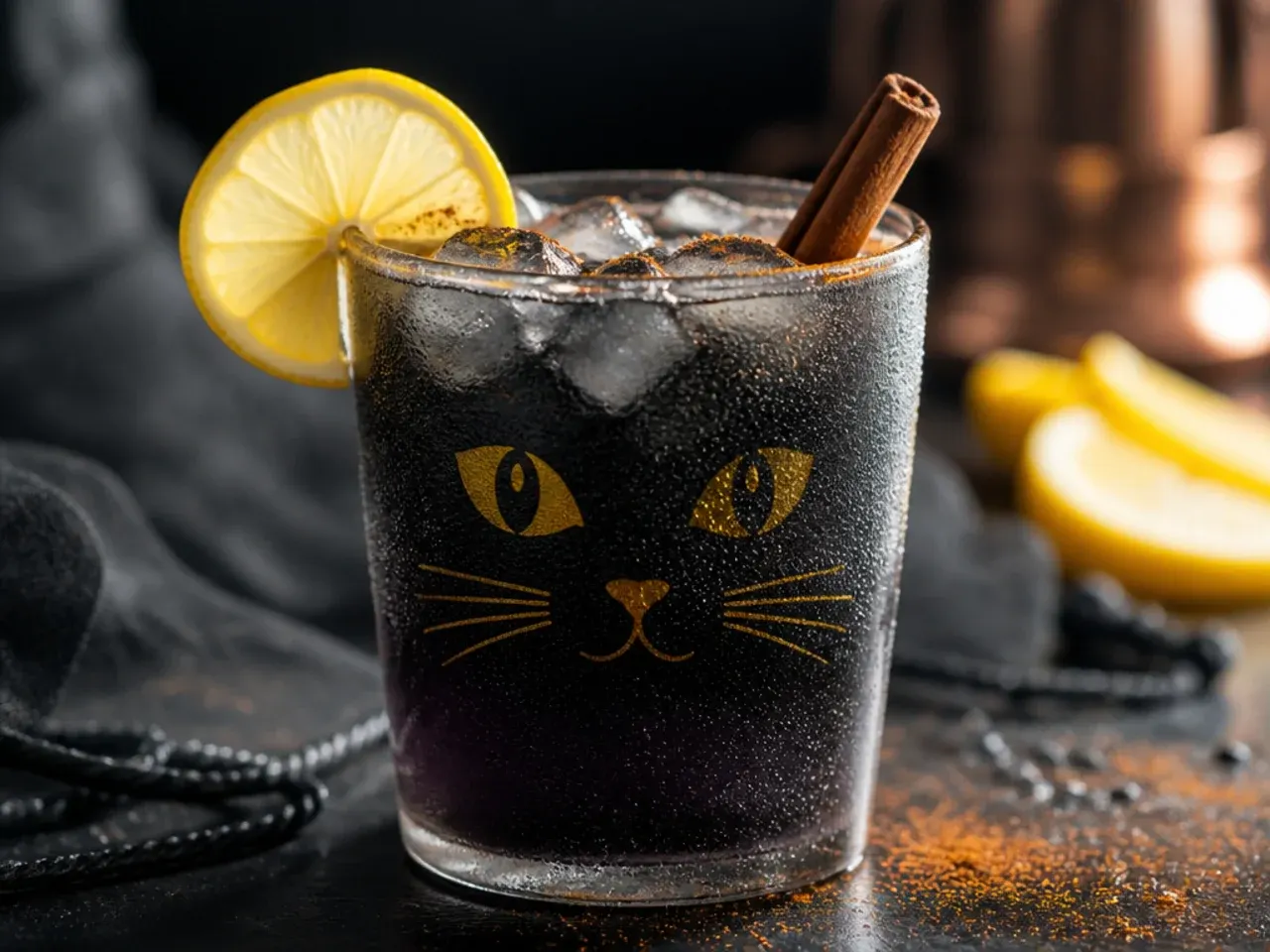A jet-black lemonade in a clear glass with ice and a black sanding sugar rim.