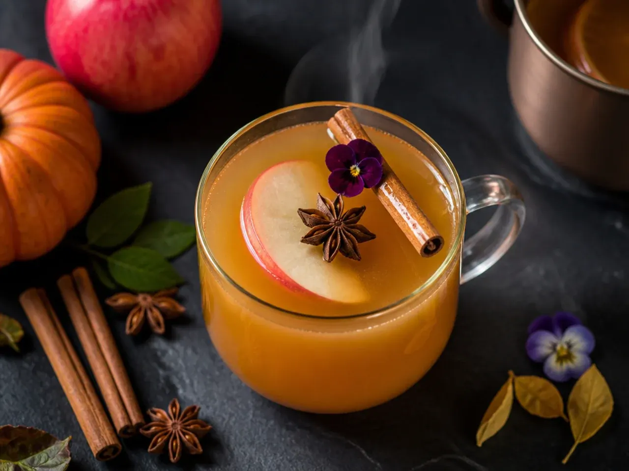 A steaming mug of spiced apple cider with a cinnamon stick and orange slice floating on top.
