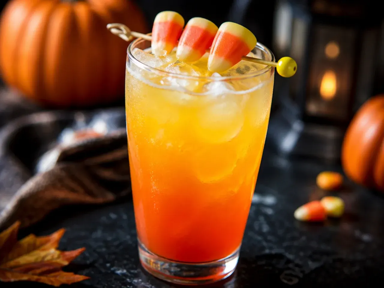 A striped orange, yellow and white candy corn fizz drink in a clear glass topped with whipped cream and candy corn.