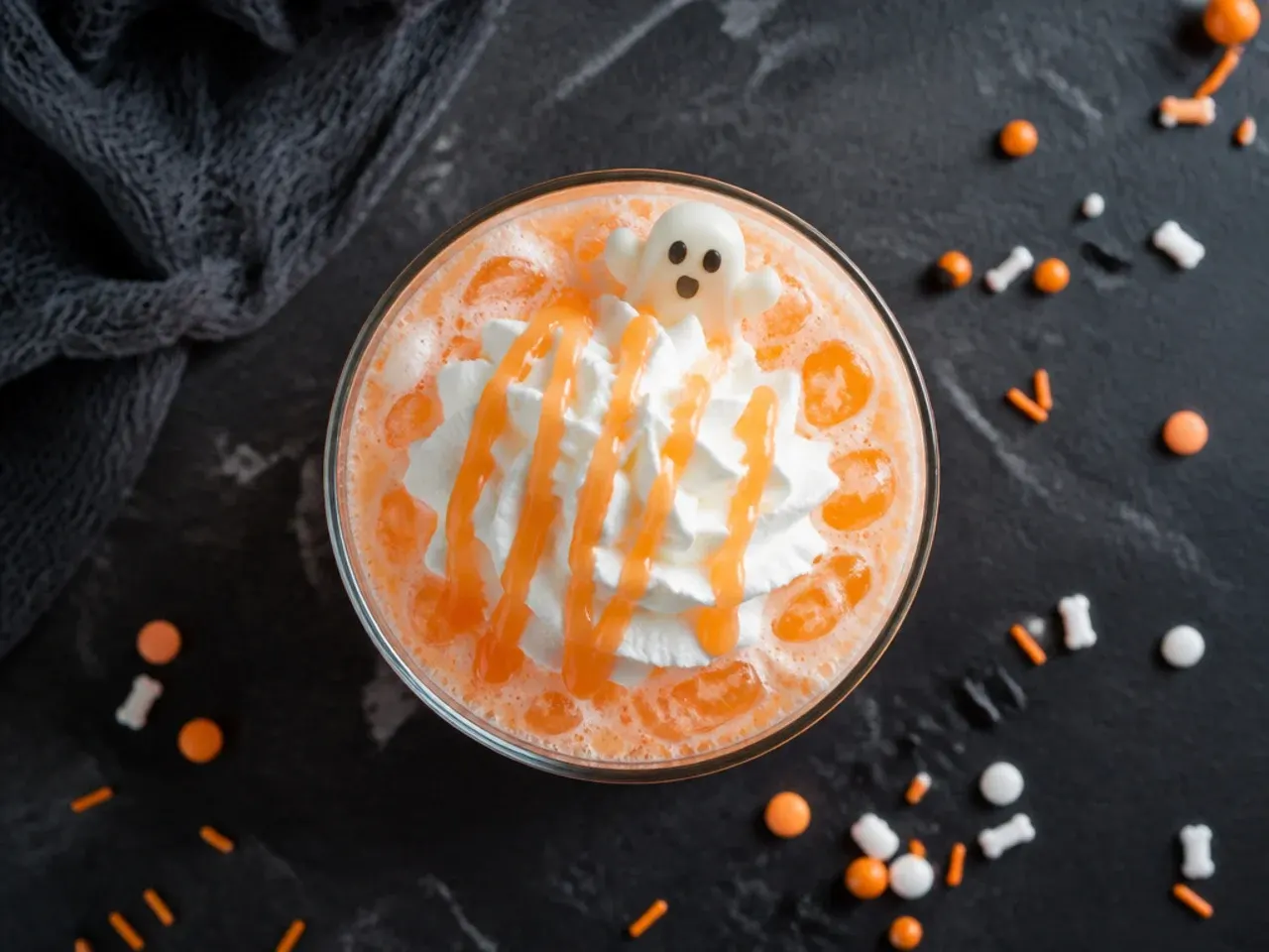 A pale, fizzy ghost punch in a glass bowl with a scoop of vanilla ice cream melting on top.