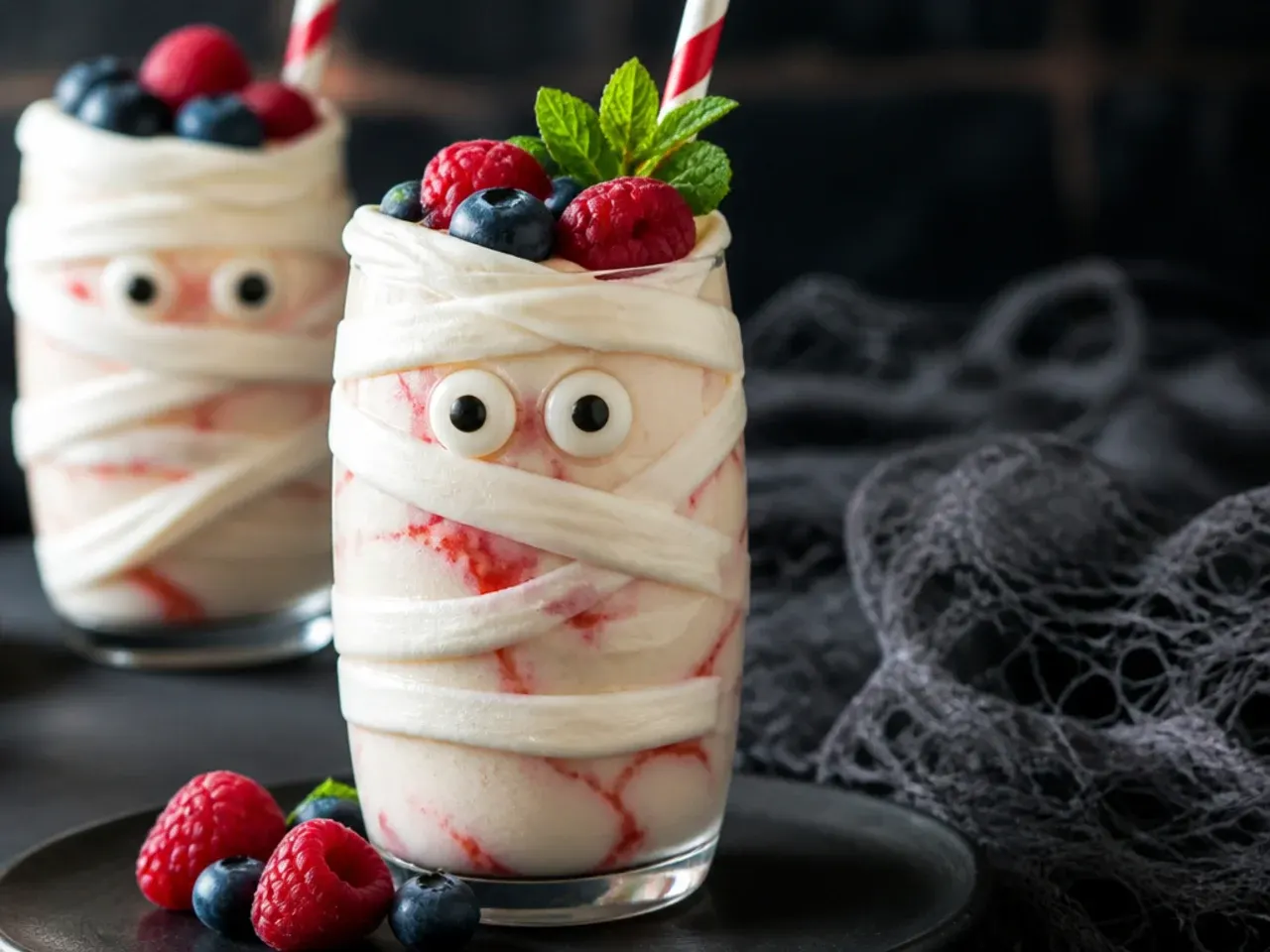 A milkshake glass wrapped in wavy white chocolate stripes to look like a mummy, with two chocolate chip eyes.
