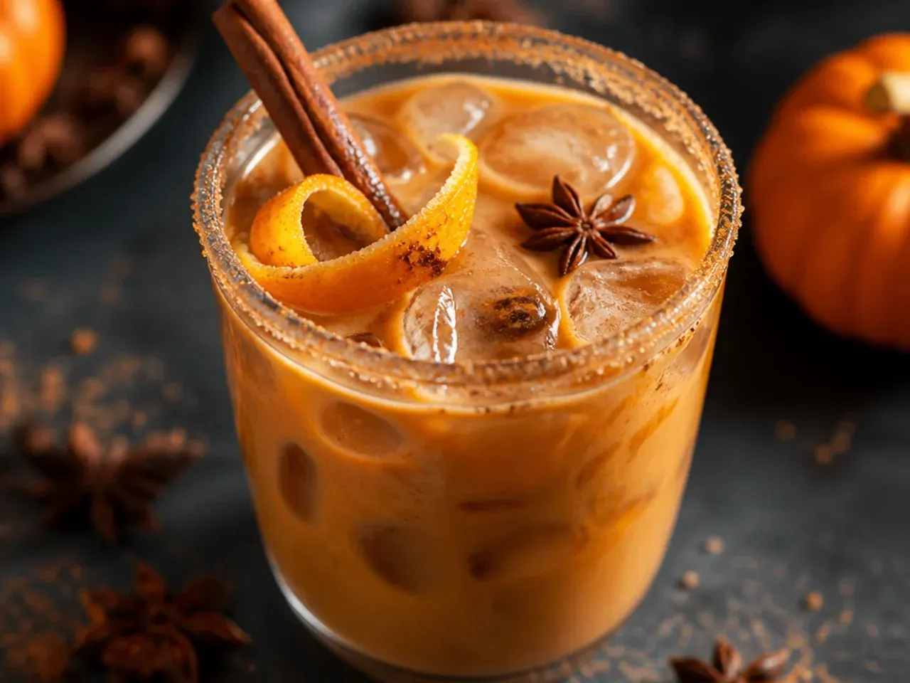 A frothy pumpkin chai latte in a clear glass mug with a cinnamon stick stirrer.