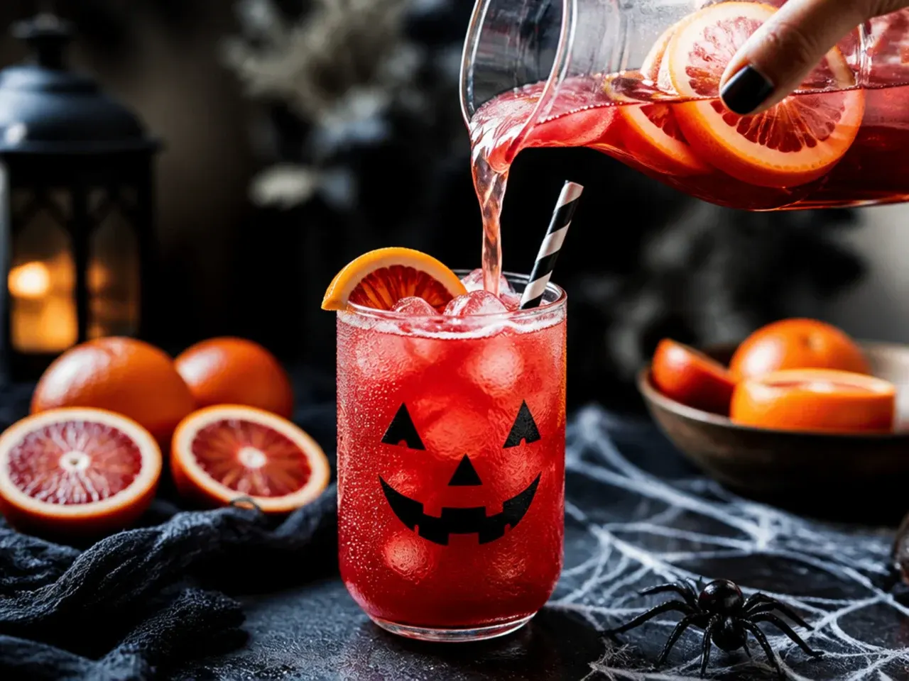 A pitcher of deep red blood orange sangria mocktail with chopped fruit and pomegranate seeds.