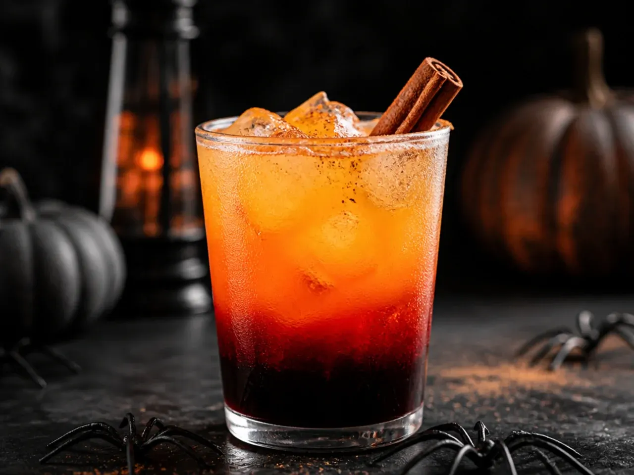 A layered orange and red gradient drink in a tall glass with a few drops of blue syrup on top.