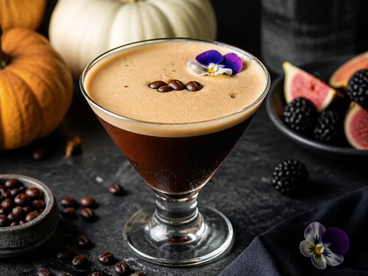 A dark espresso martini mocktail in a coupe glass with a thick foam cap and a few coffee beans on top.