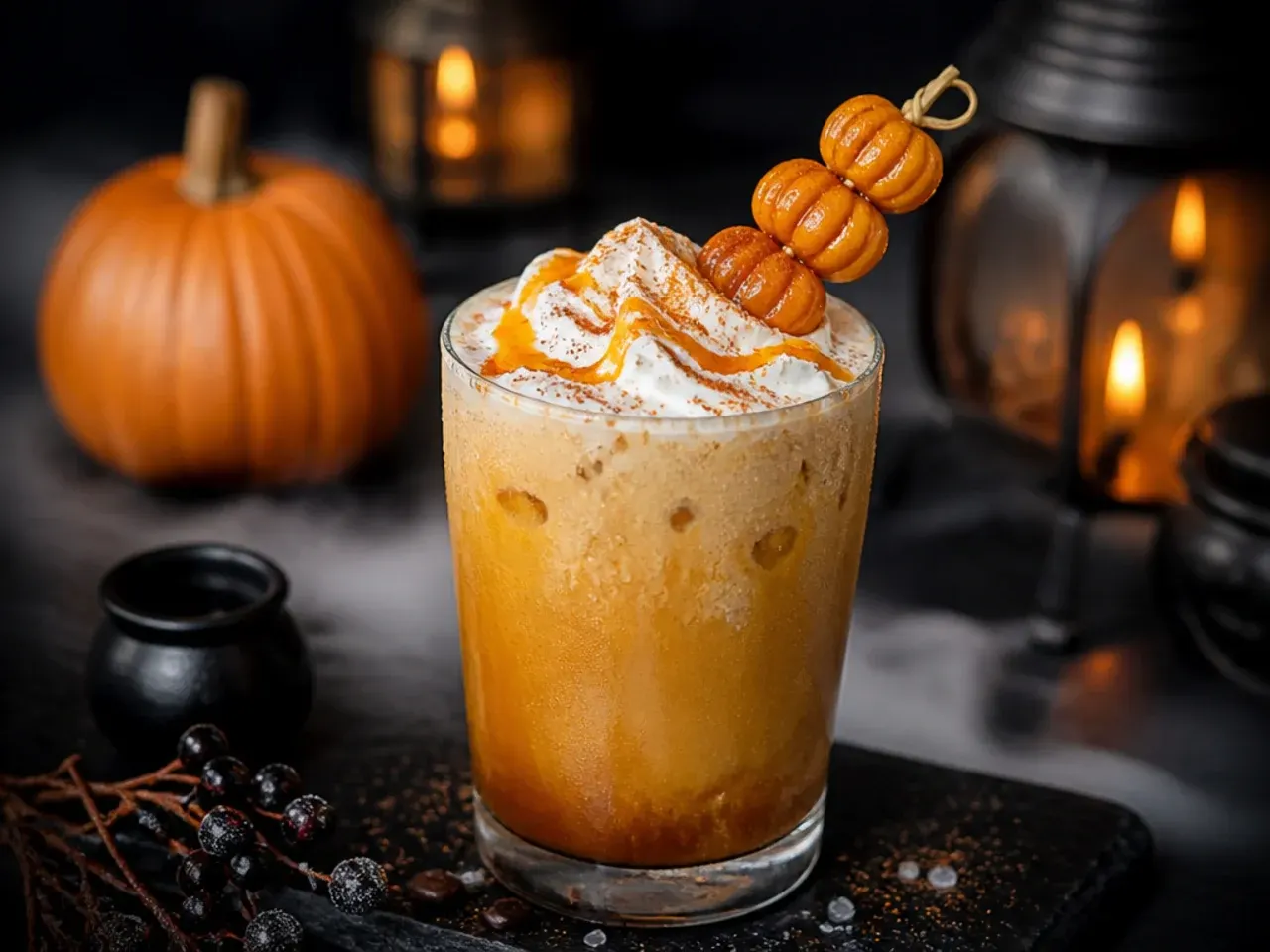 A latte with a spiderweb pattern drizzled in caramel across the foam in a glass coffee cup.