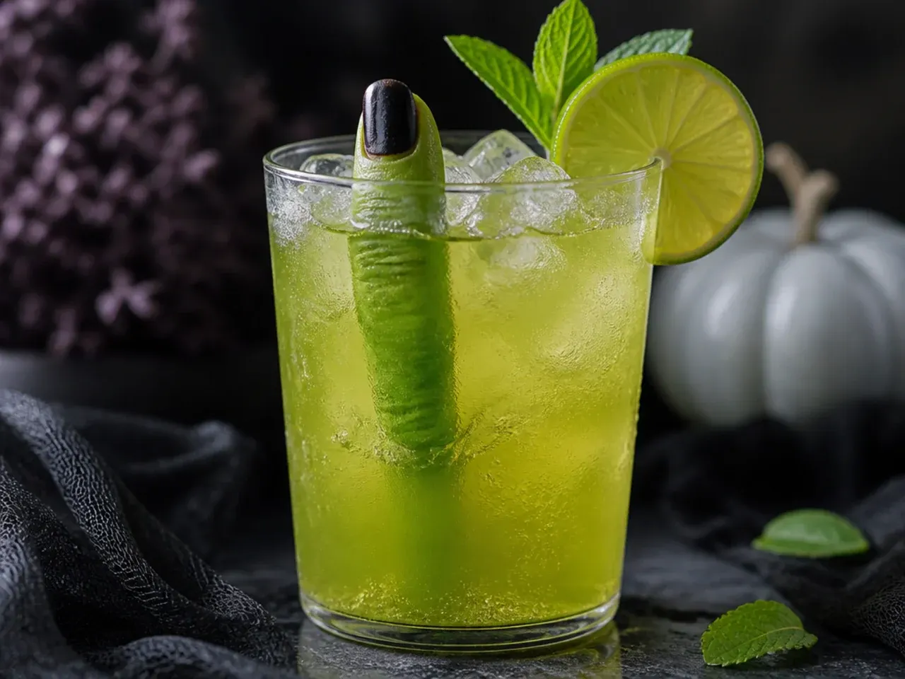 A glass of green iced tea with frozen green grapes styled as witch fingers floating inside.
