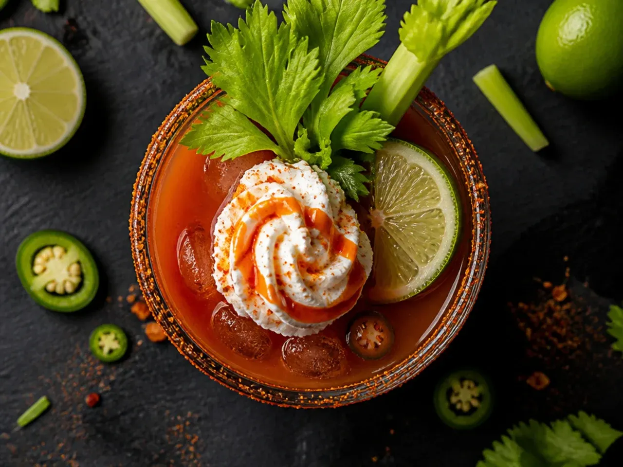 A savoury red Bloody Mary mocktail in a tall glass garnished with a celery stalk and olive.