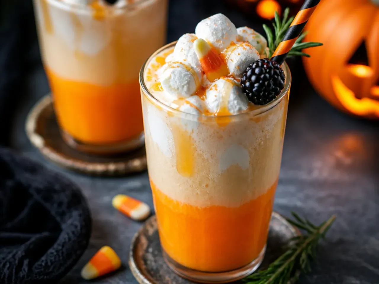 A tall glass shake with visible layers of orange sherbet and vanilla ice cream, topped with candy corn.