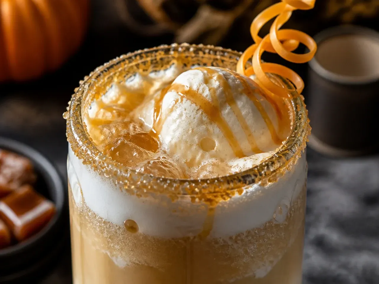 A foamy butterbeer-style float in a mug with whipped cream and a drizzle of butterscotch sauce.