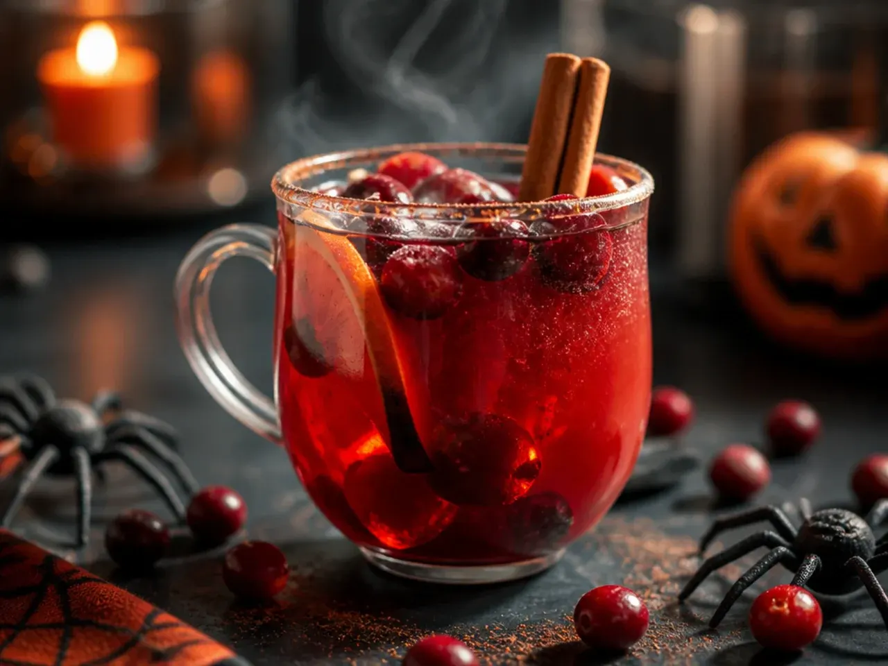 A deep red mulled cranberry cider in a heatproof mug with a cinnamon stick and orange wheel.