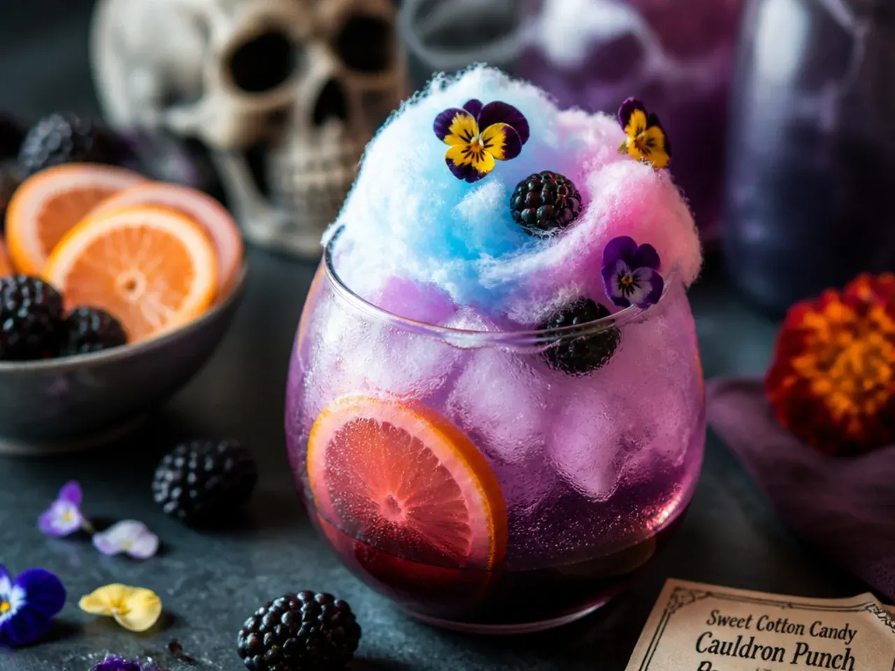 Blue cotton candy dissolving into fizzy soda inside a black cauldron-shaped punch bowl.