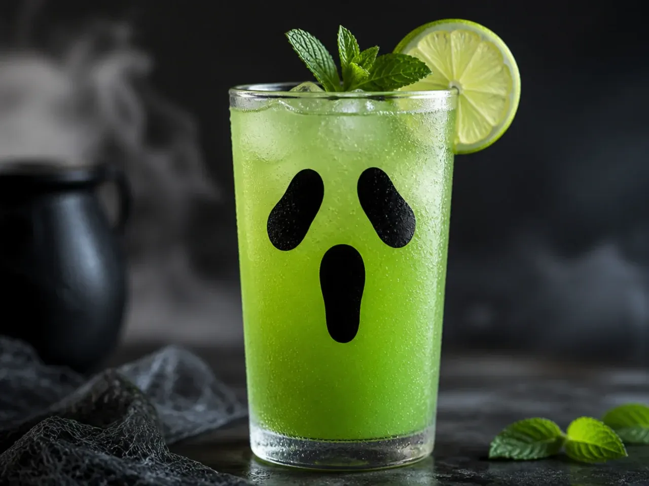 A purple fizzy ghoul-ade drink in a glass with frozen grapes used as ice cubes.