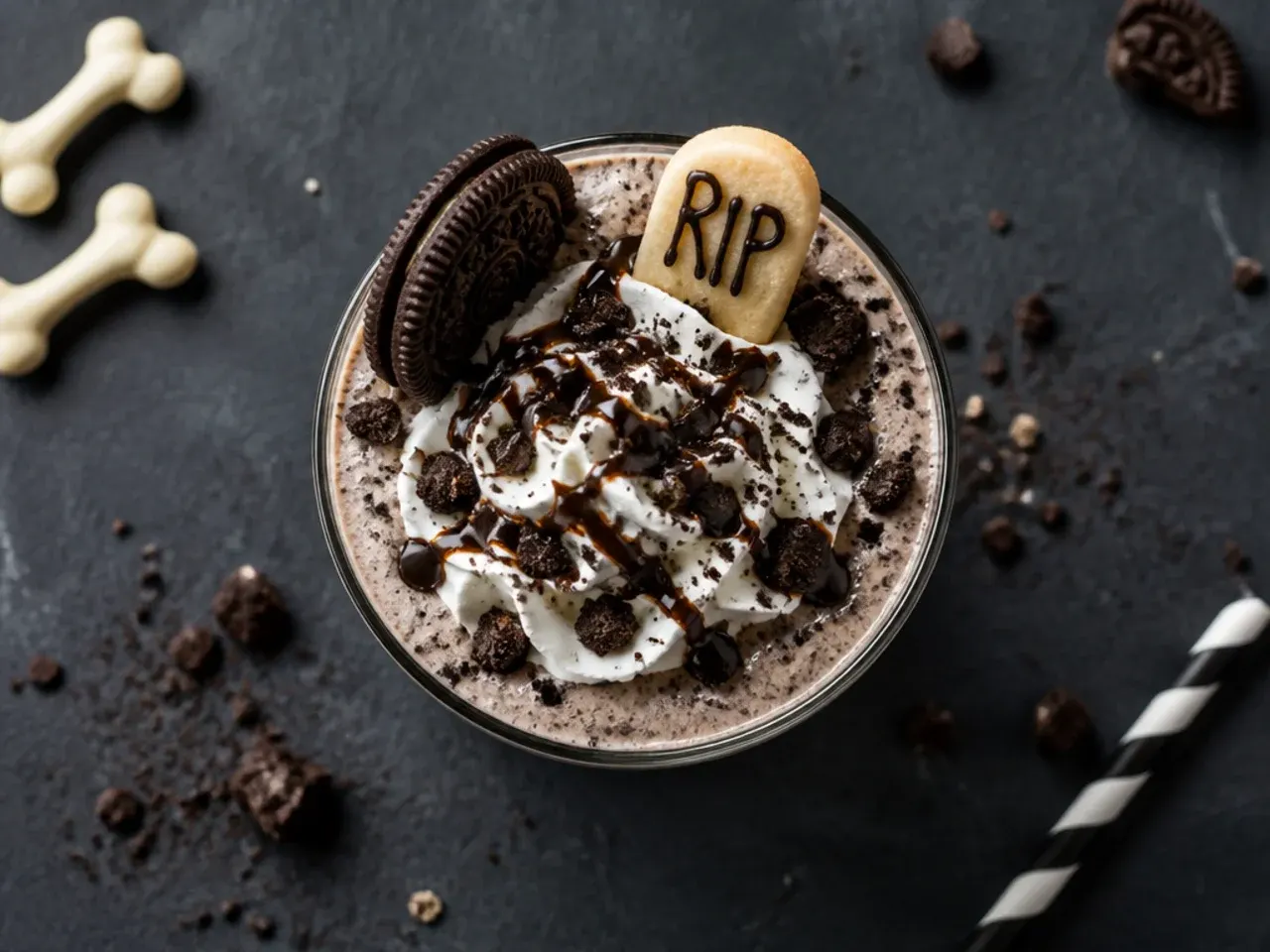 A milkshake styled as a graveyard with chocolate wafer tombstones and crushed biscuit dirt on top.