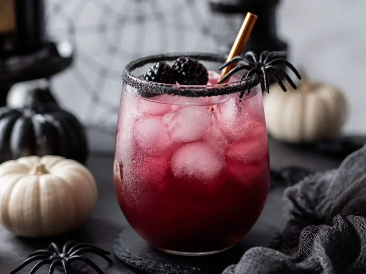 Halloween drink garnishes including lychee eyeballs, frozen fruit ice cubes and blackened sugar rims on a tray.