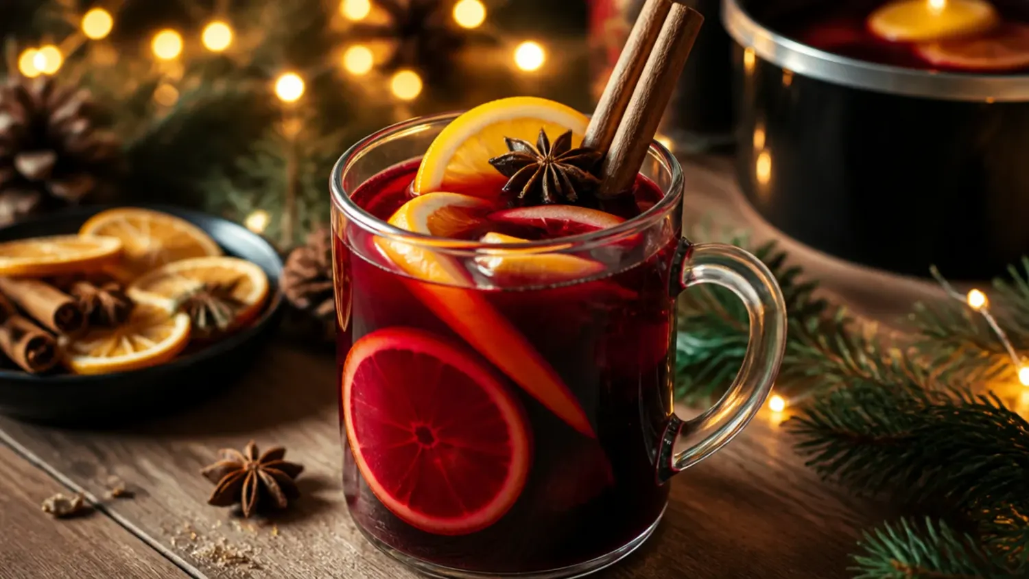 A festive spread of holiday drinks in mugs and glasses, including mulled cider, eggnog, and hot chocolate topped with whipped cream and cinnamon sticks