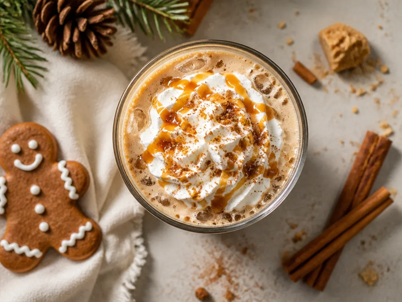 Iced gingerbread oat milk latte in a tall glass with layered coffee and milk