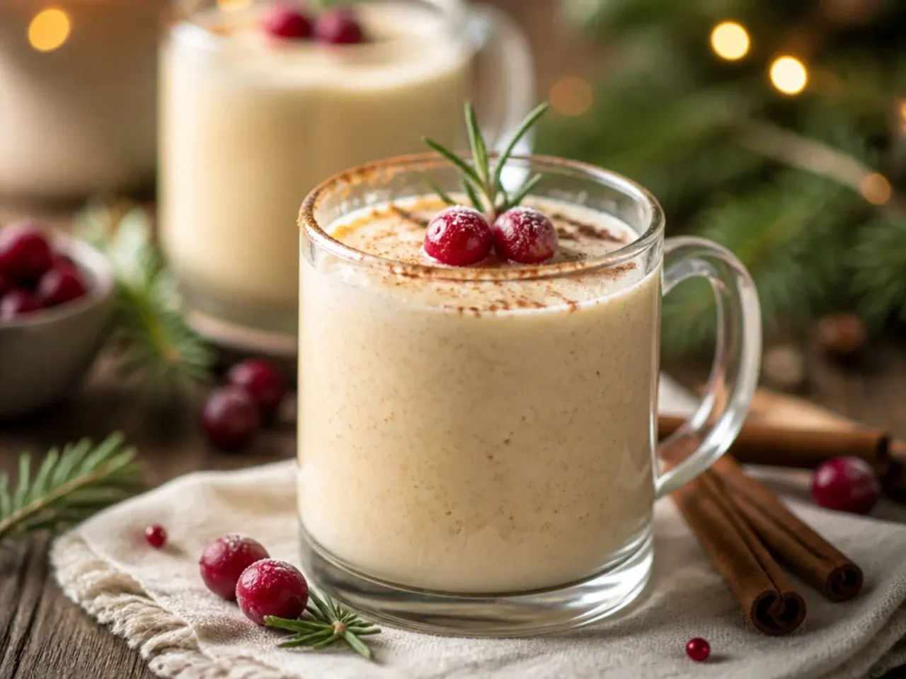A pitcher of classic homemade eggnog dusted with nutmeg beside two filled glasses