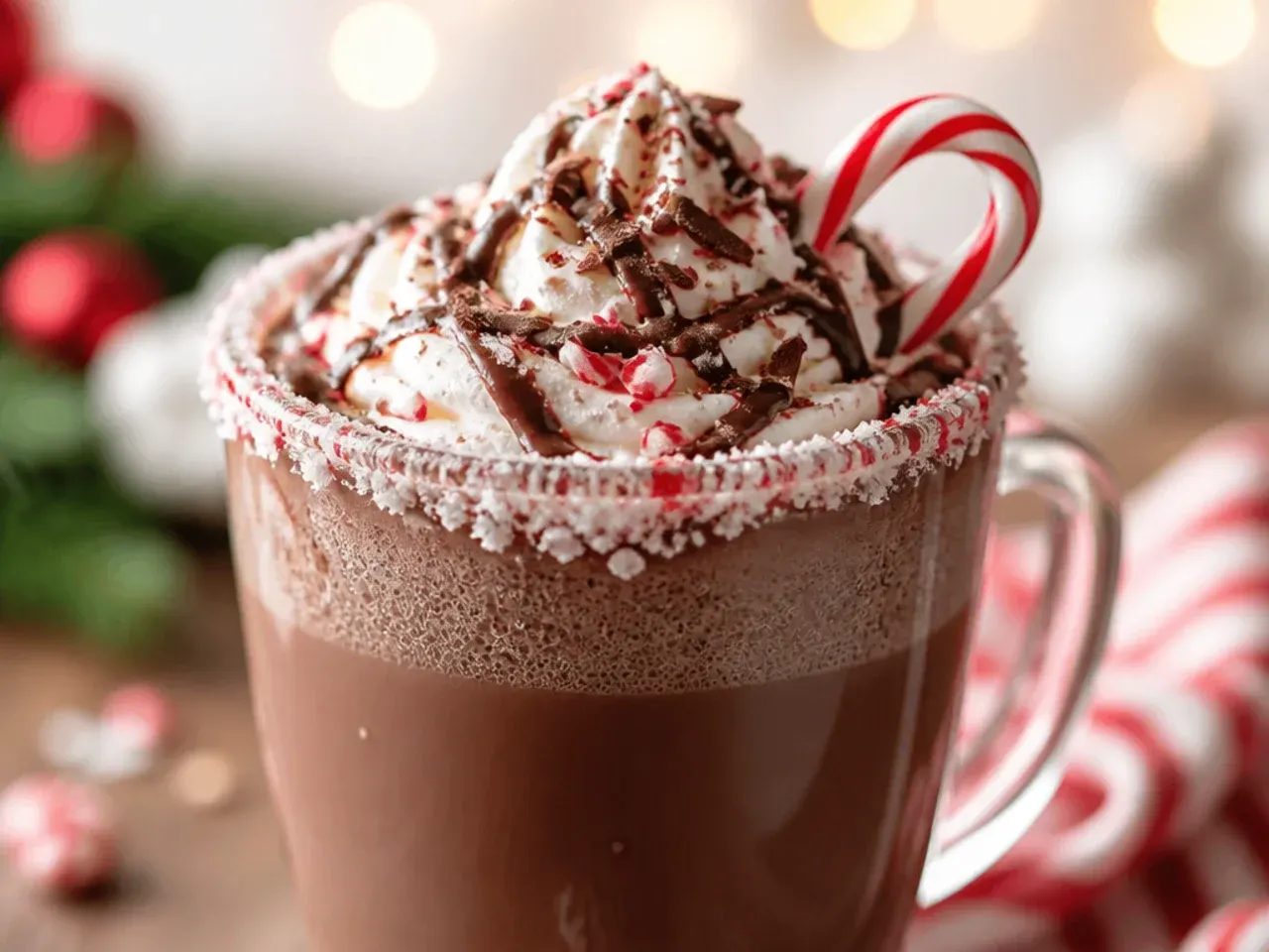 A copycat peppermint mocha topped with whipped cream and crushed candy cane