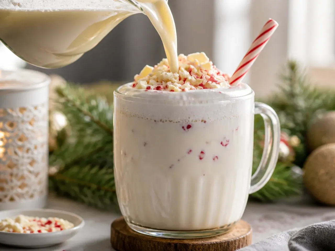 A mug of creamy white hot chocolate topped with whipped cream and chocolate shavings