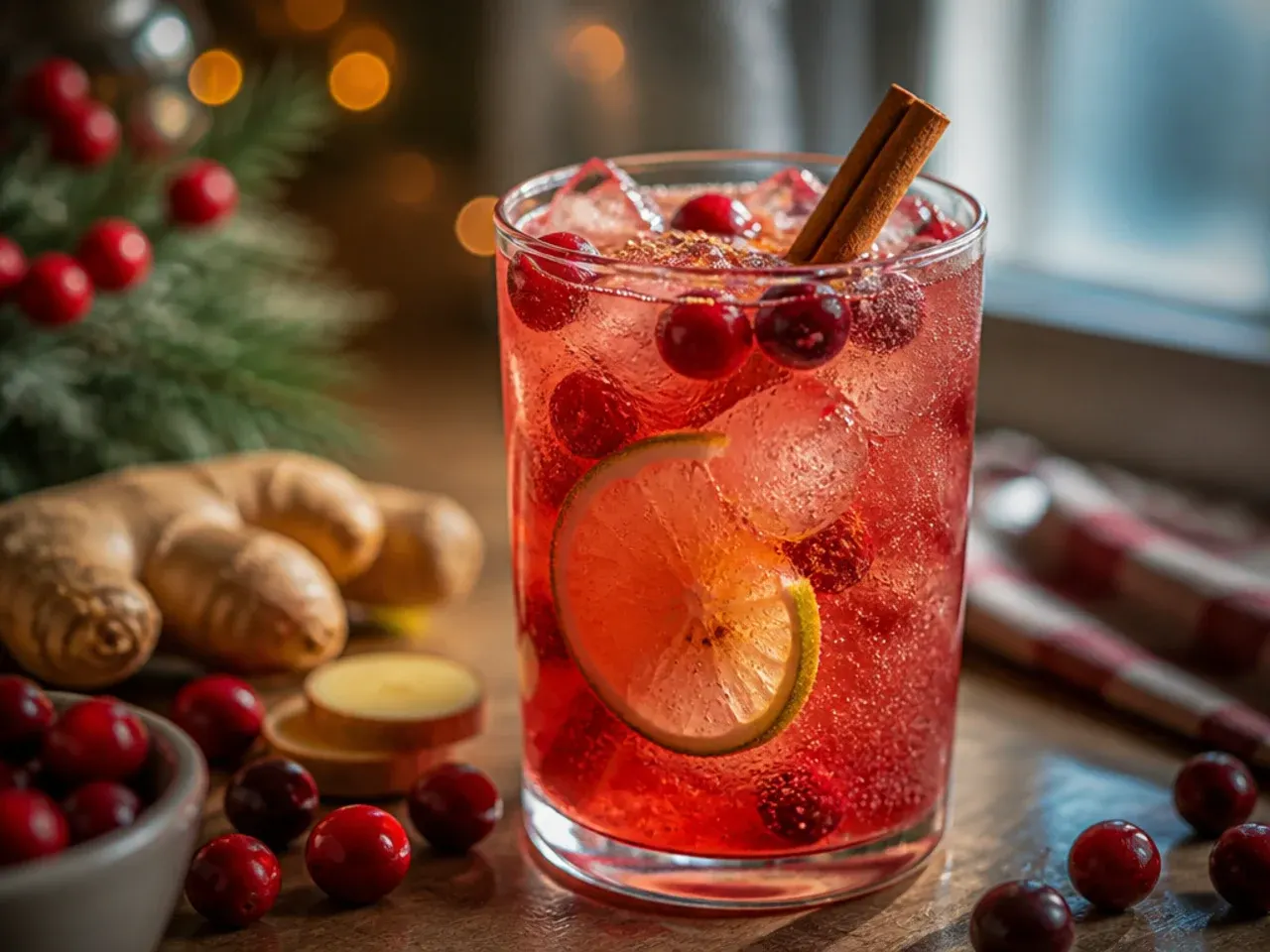 A glass of refreshing cranberry ginger fizz garnished with frozen cranberries and rosemary
