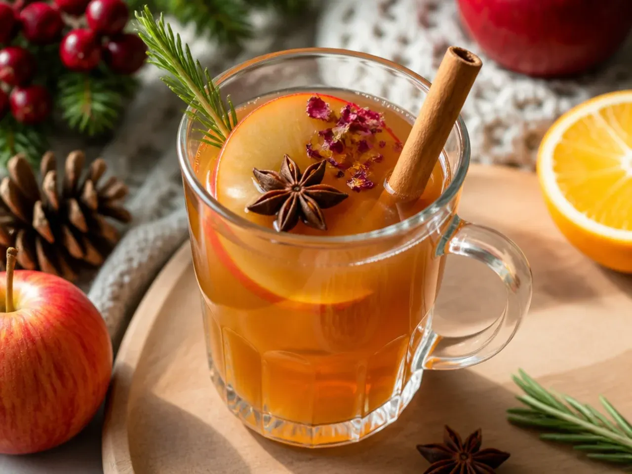 A pot of cozy mulled apple cider simmering with cinnamon sticks and orange slices