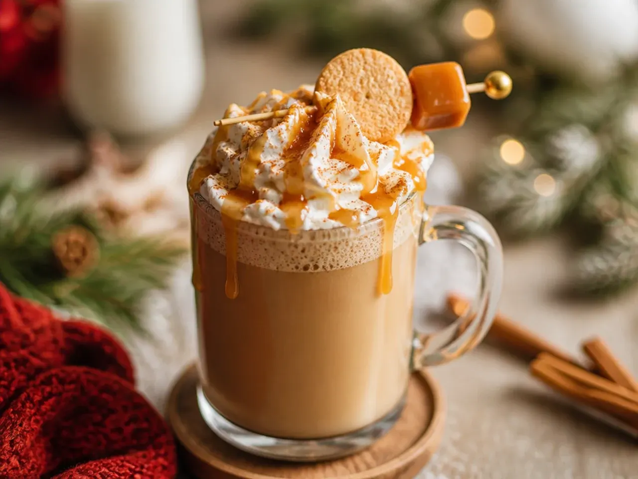 A sweet caramel snickerdoodle steamer topped with whipped cream and cinnamon sugar