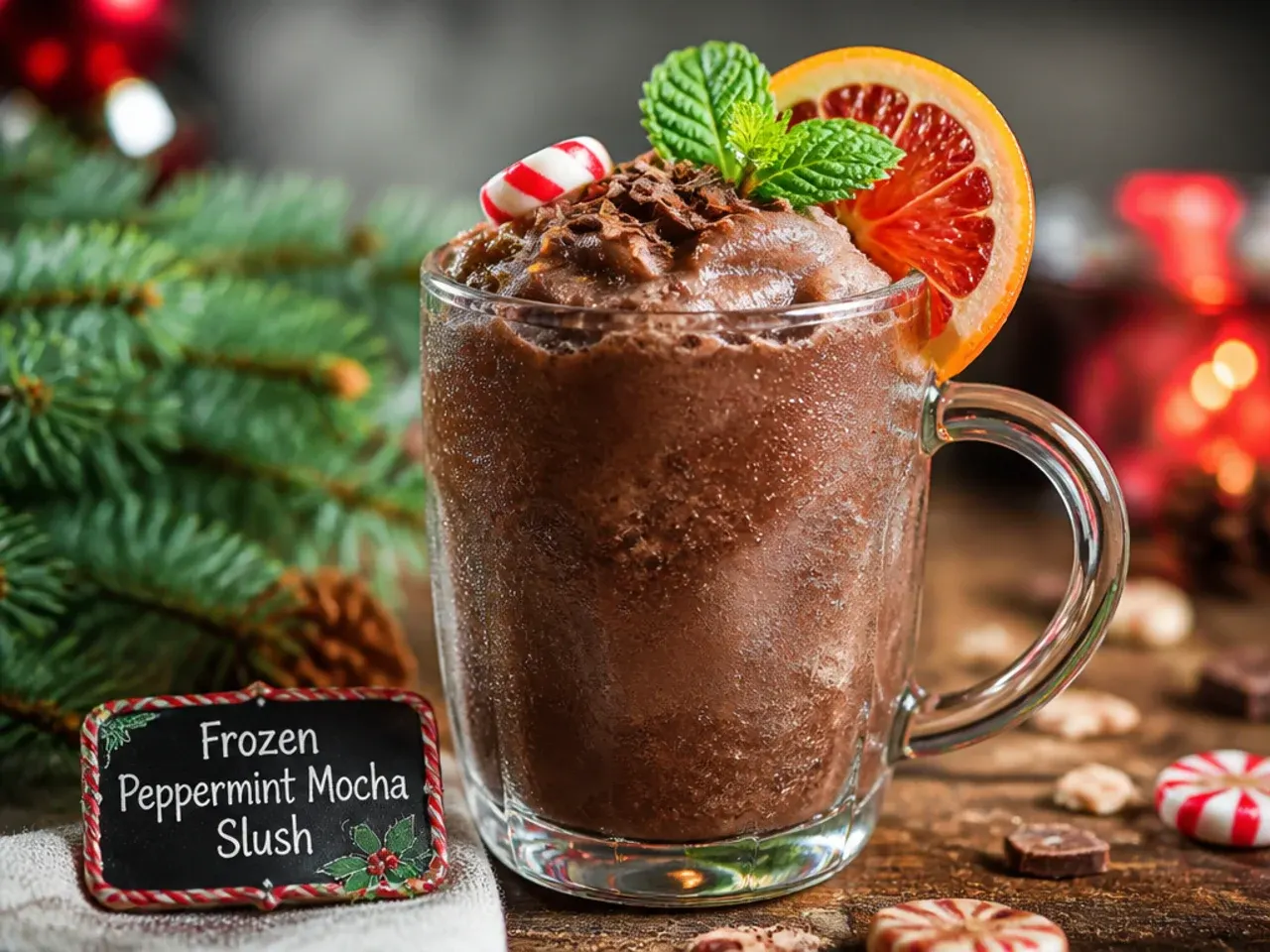 A frozen peppermint mocha slush in a glass with a peppermint straw