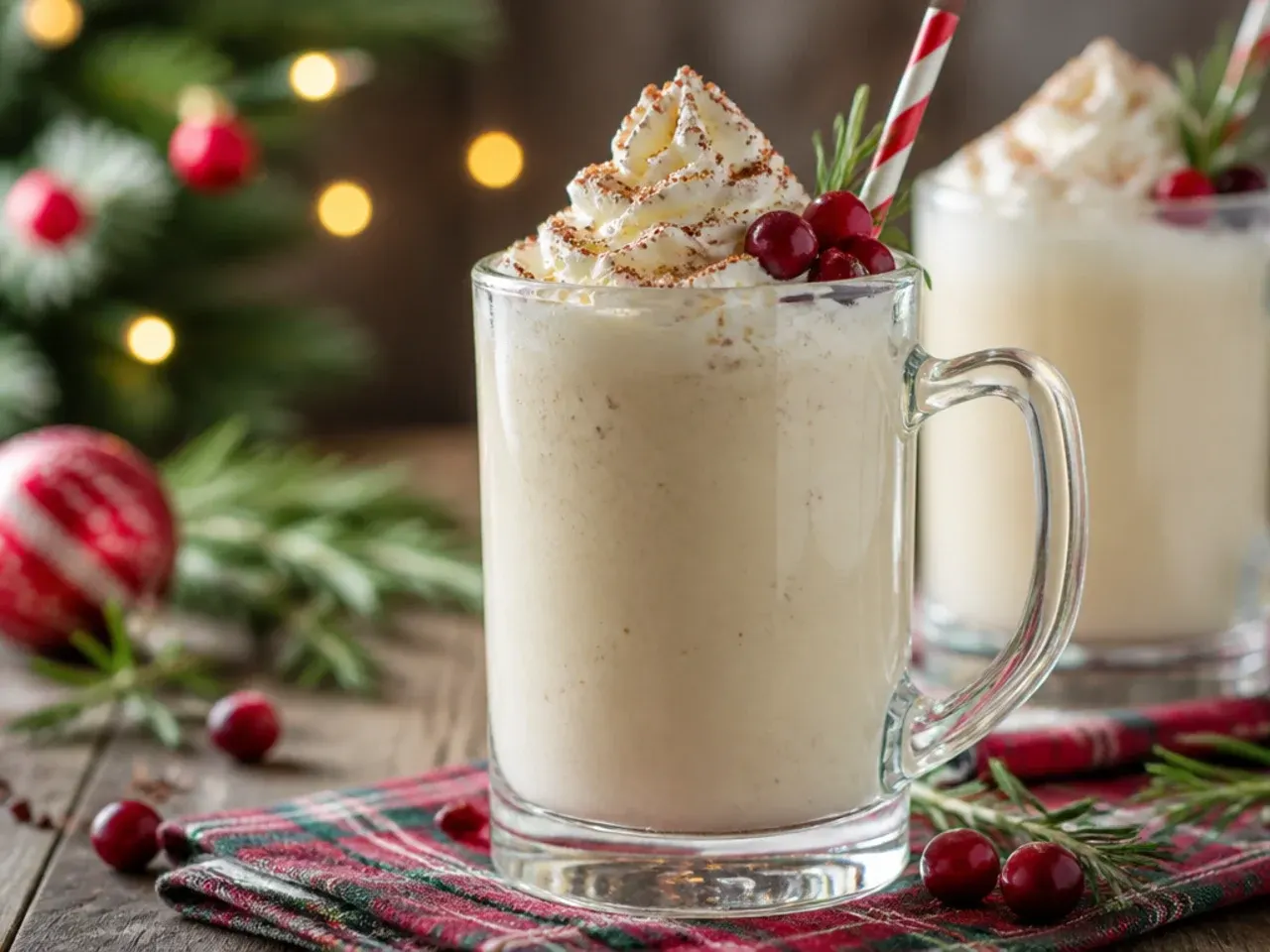 A blended eggnog milkshake in a glass with a gingerbread biscuit on the rim
