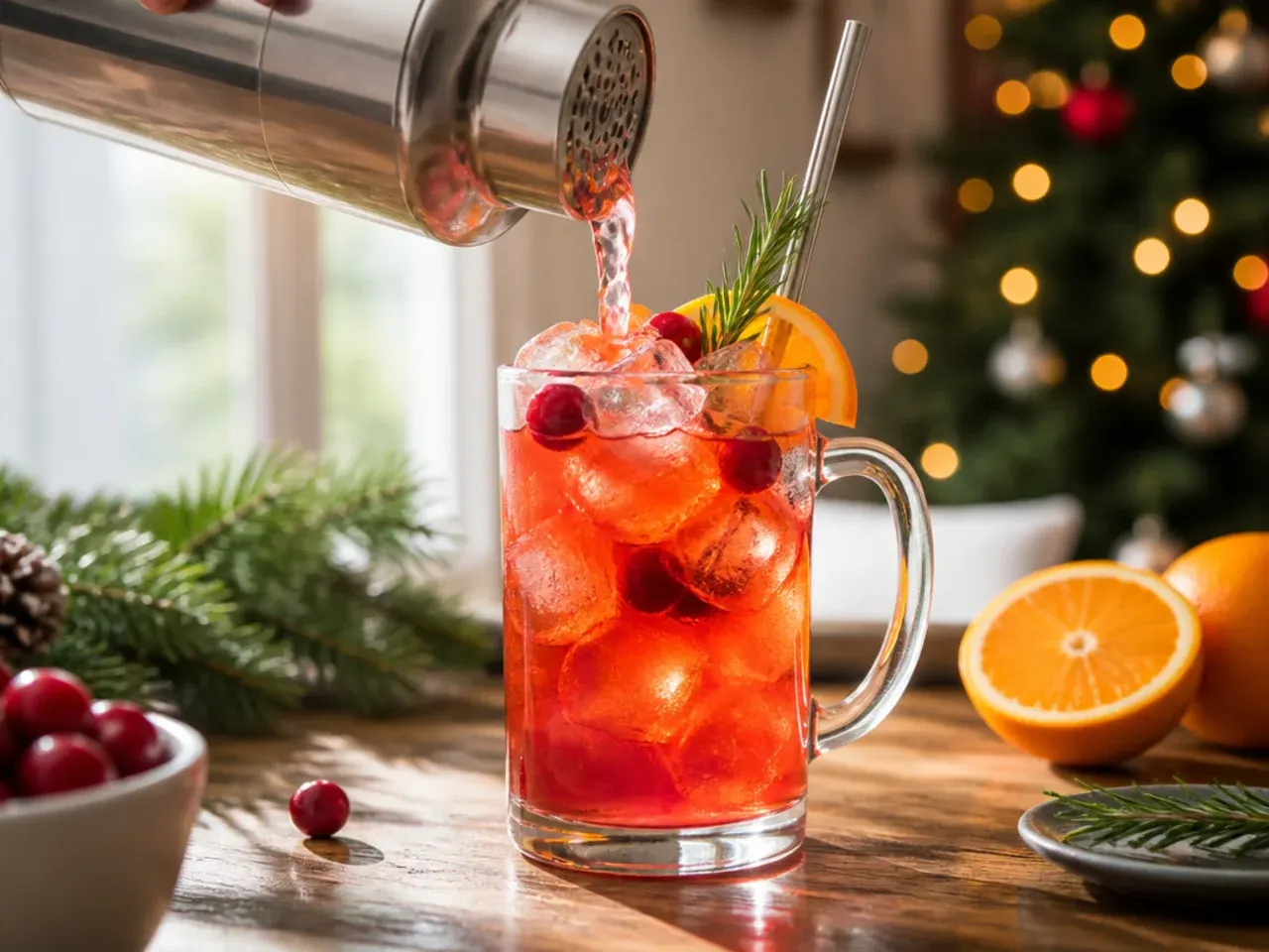 A champagne flute of festive cranberry orange mocktail with a floating cranberry