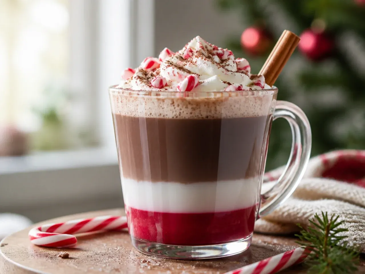 A glass mug of layered candy cane cocoa with distinct whipped cream and chocolate layers