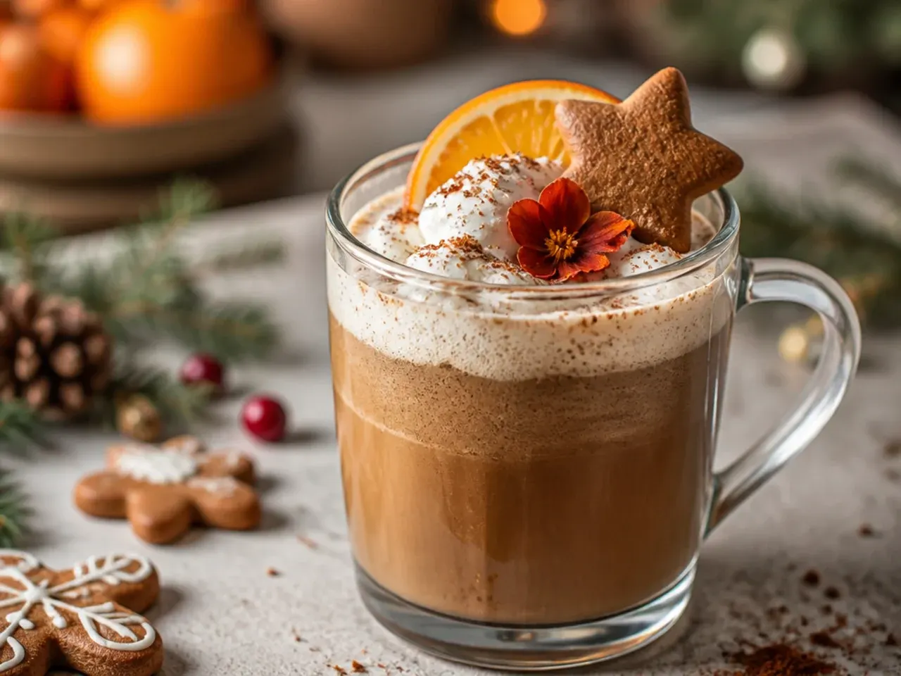 A bold espresso gingerbread steamer in a glass mug with a cinnamon stick
