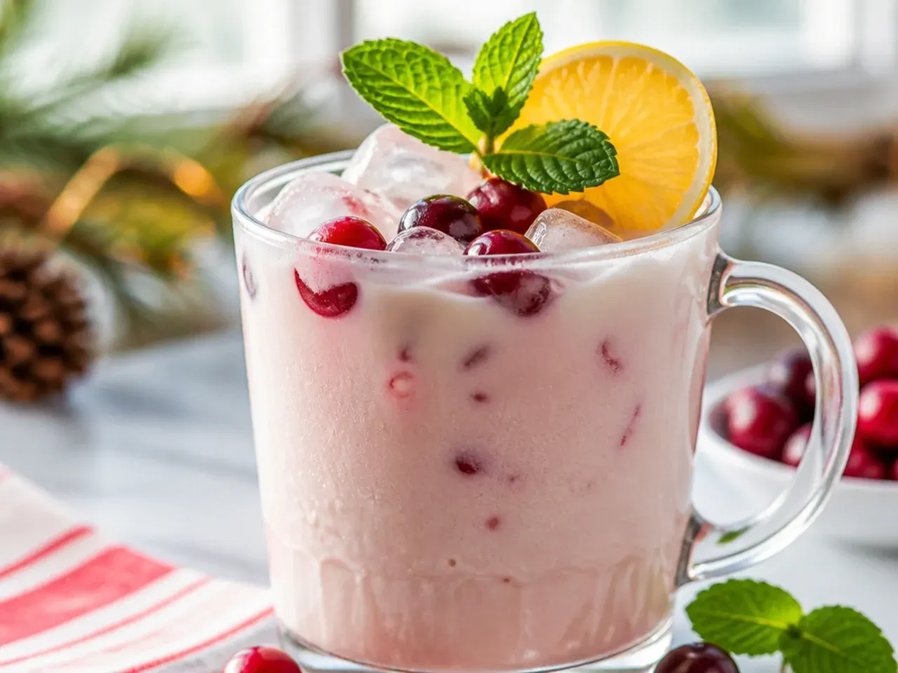 A tall glass of iced cranberry white hot chocolate with a marbled pink swirl