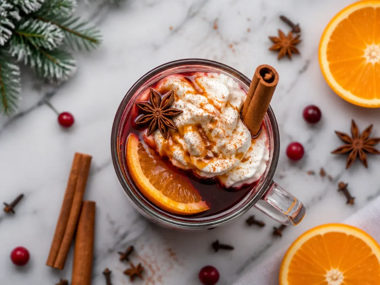 Heatproof glasses of classic mulled wine with orange slices and cinnamon sticks