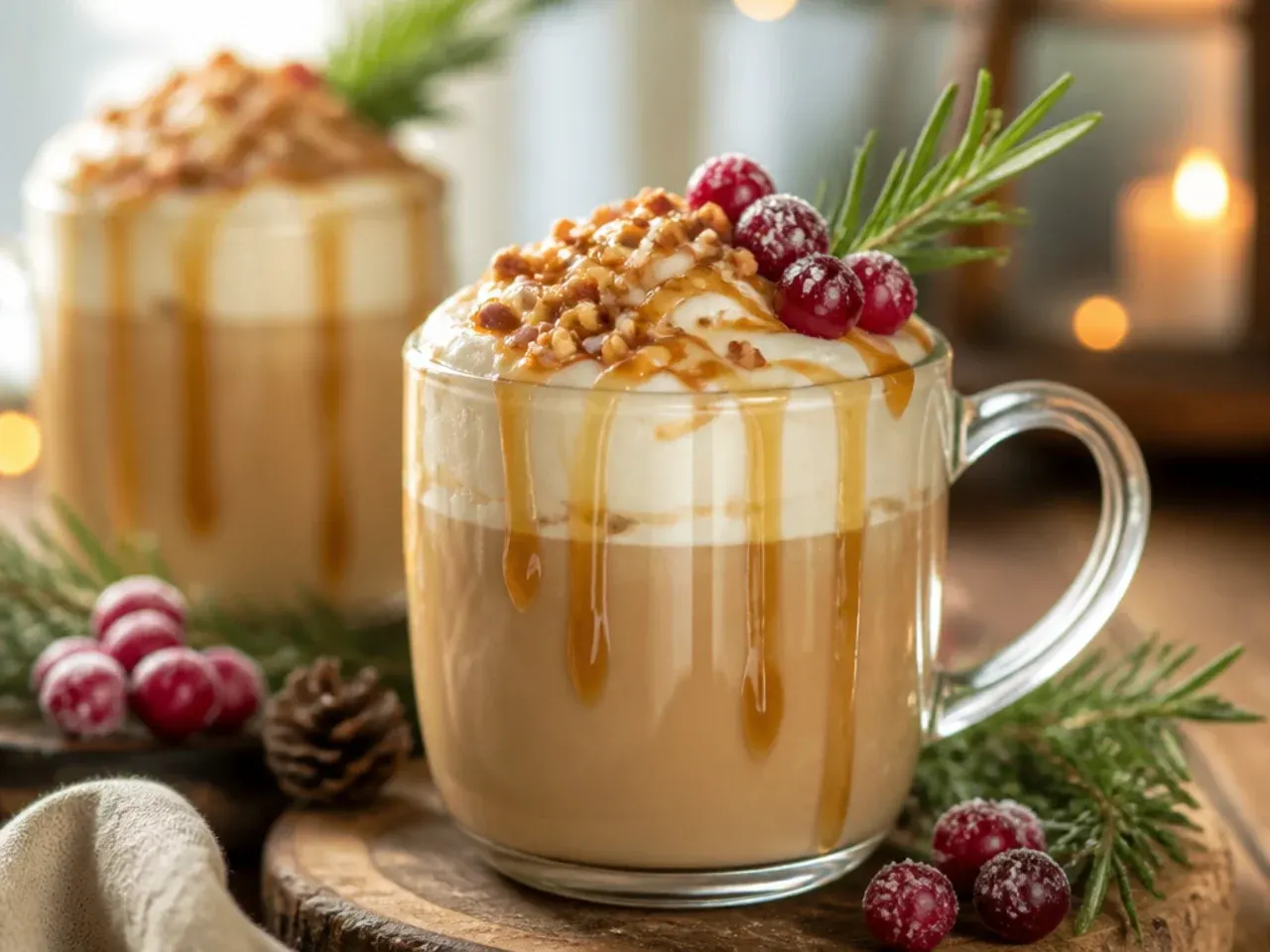A copycat chestnut praline latte topped with whipped cream and chopped nuts
