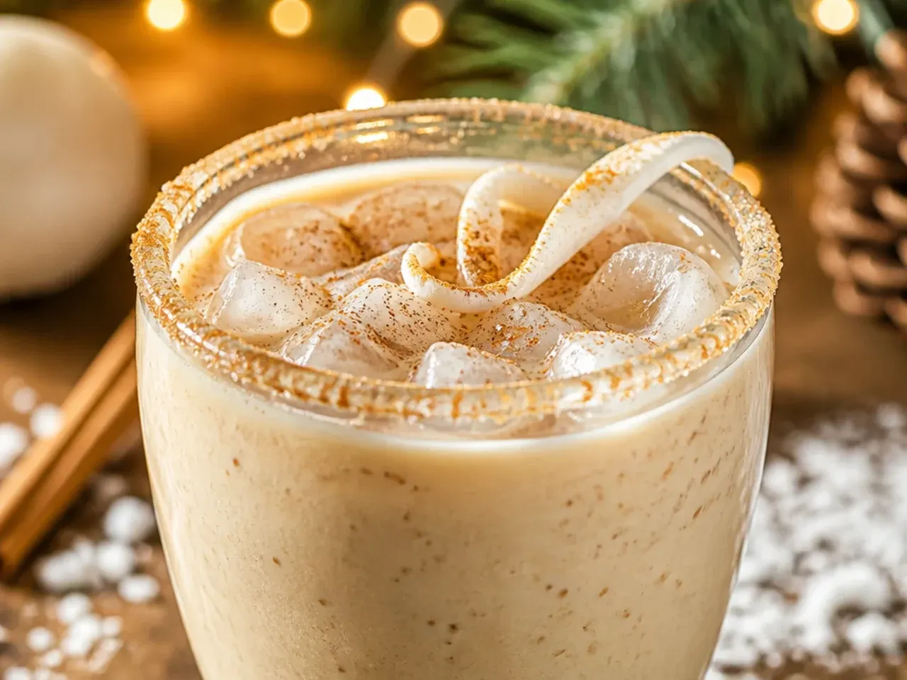 A glass of creamy coconut eggnog dusted with nutmeg