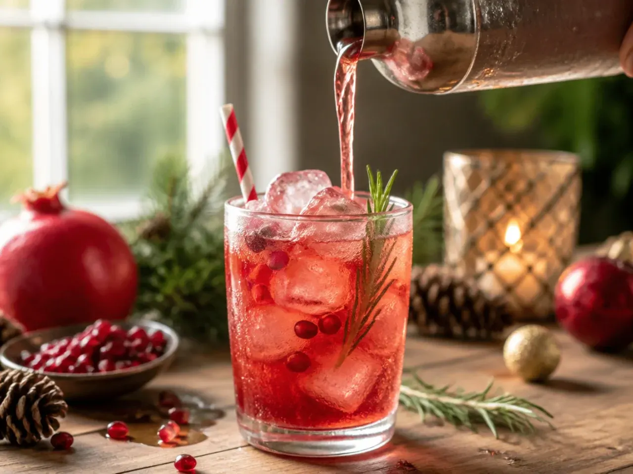 A refreshing pomegranate spritzer garnished with pomegranate seeds and mint