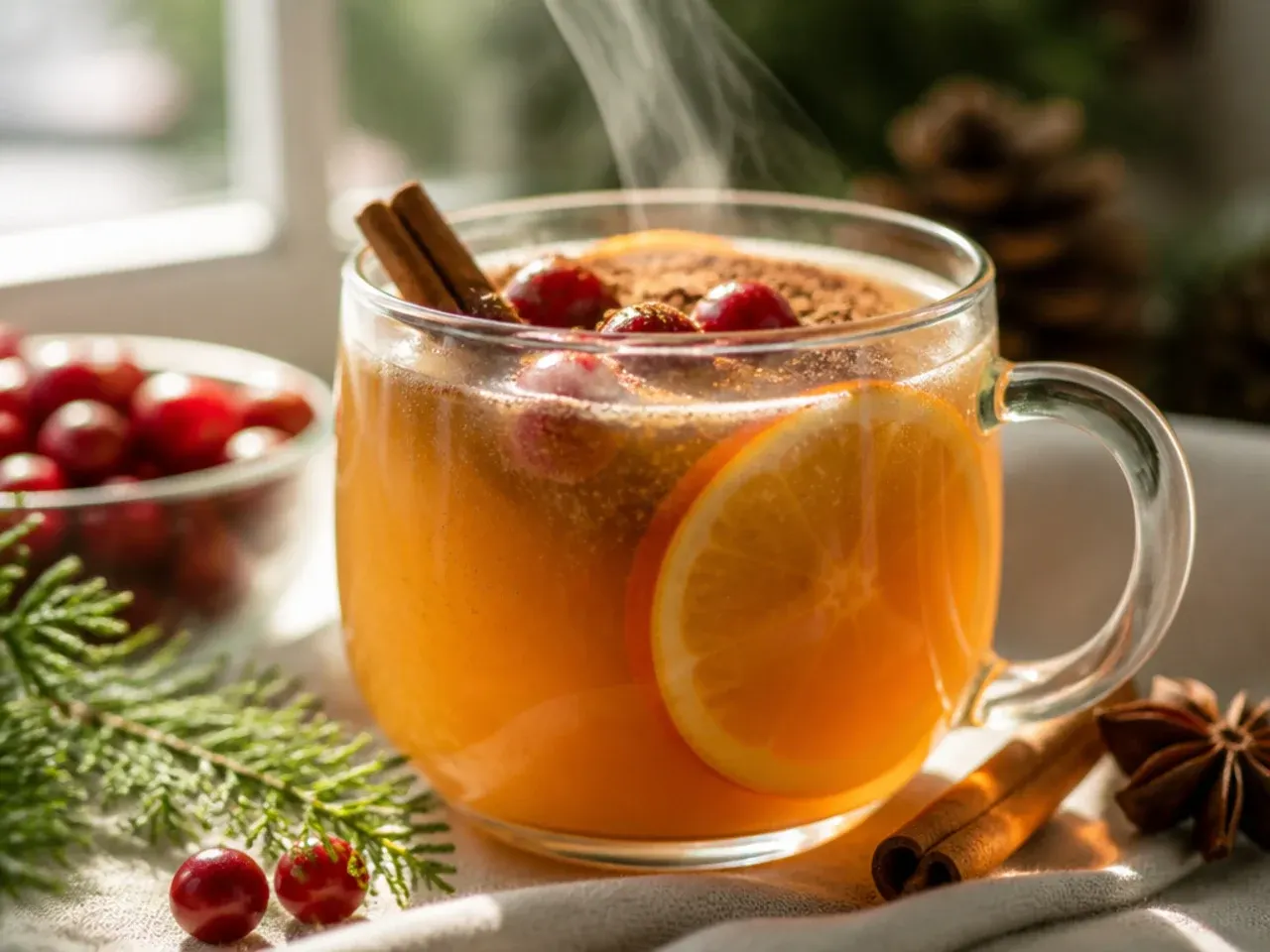 A punch bowl of cozy wassail with floating apple and orange slices