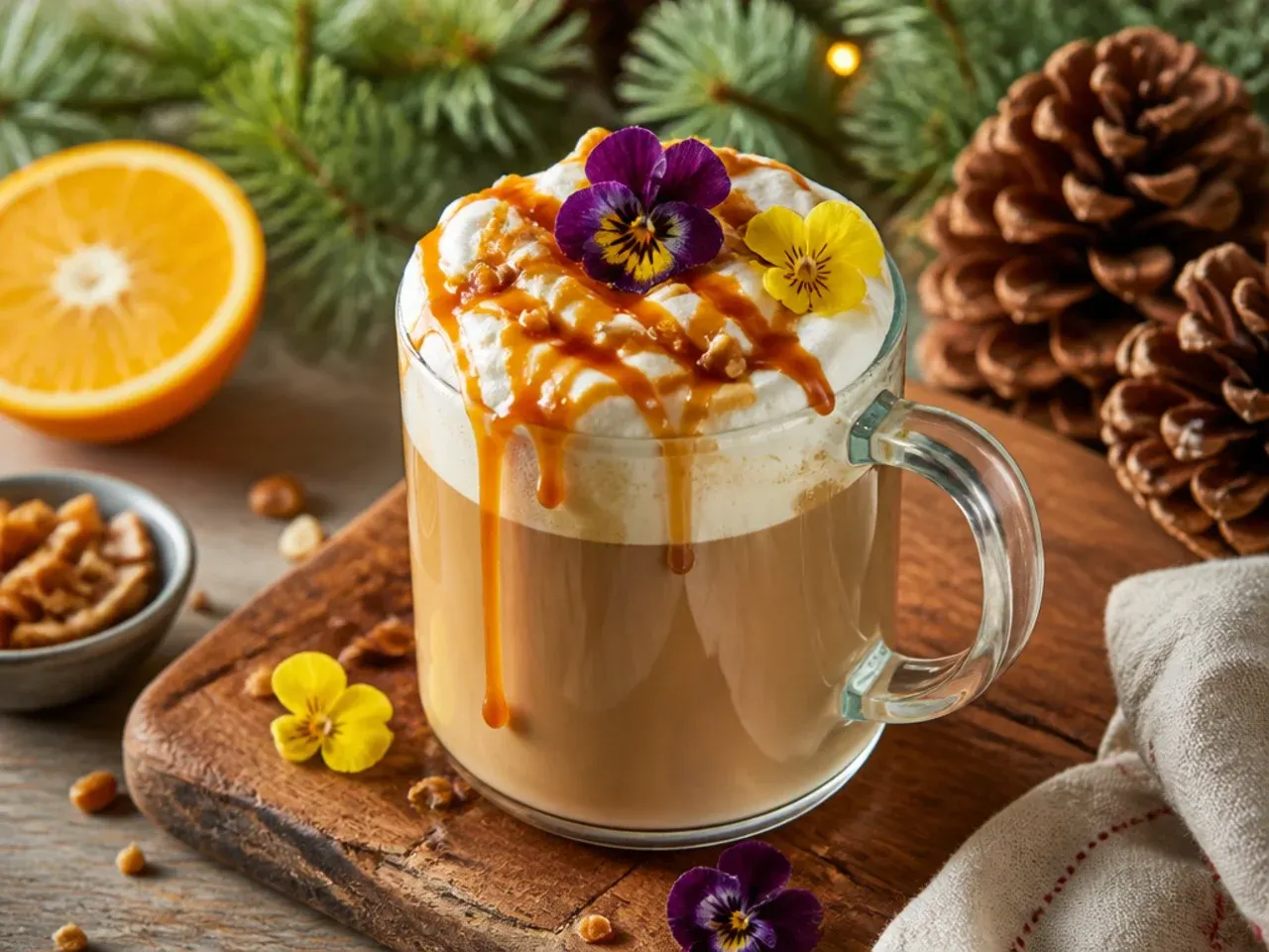 A sweet toffee nut latte in a glass mug with a caramel drizzle on top