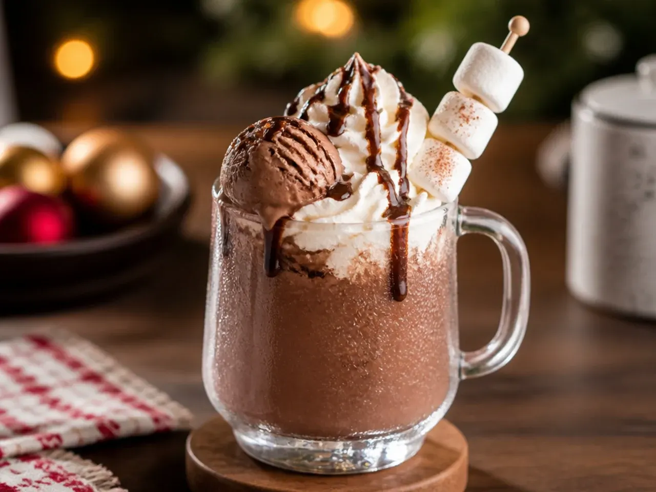A frozen hot chocolate float topped with a scoop of vanilla ice cream and chocolate shavings