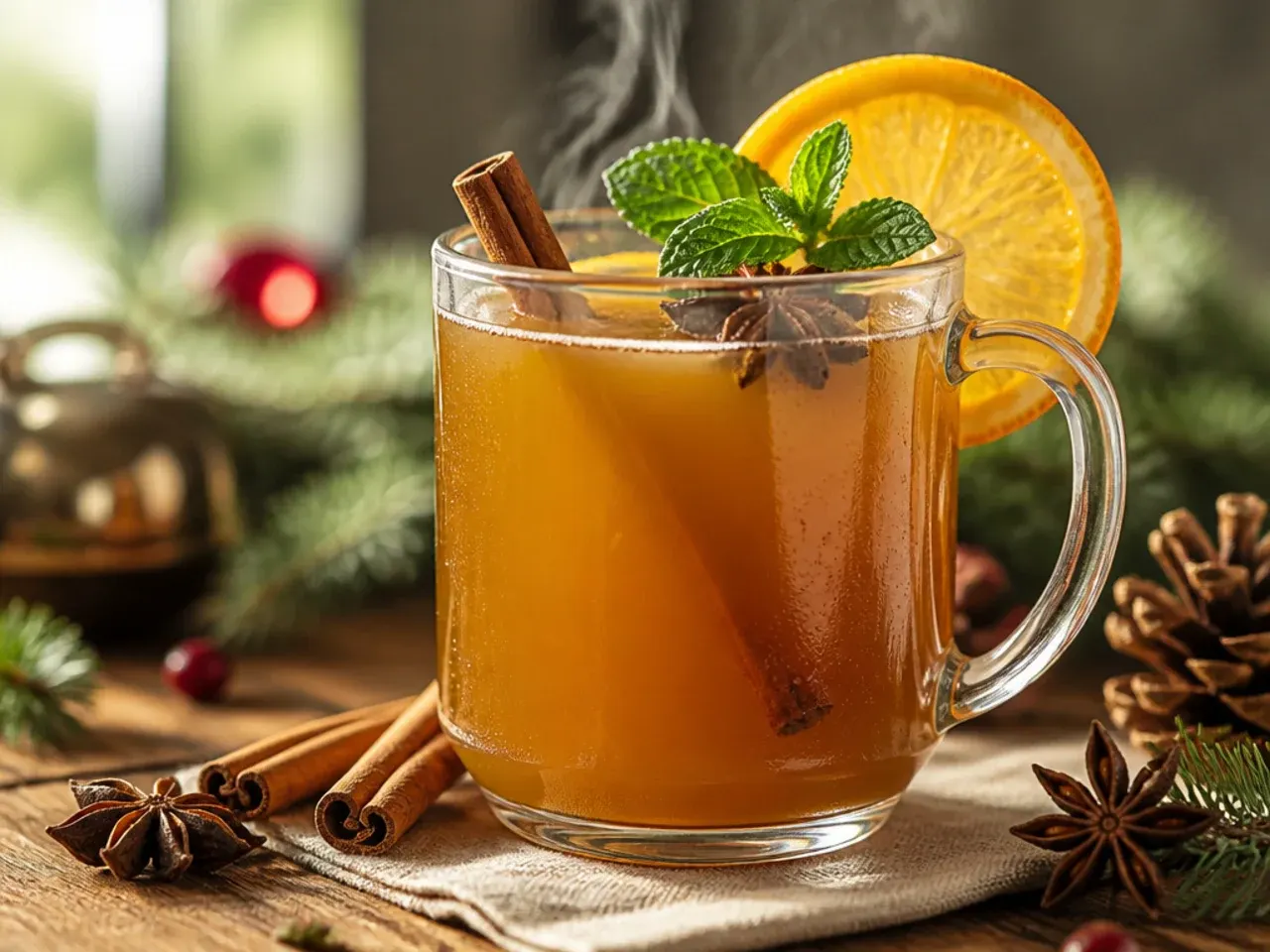 A slow cooker filled with easy wassail on a buffet table with a ladle