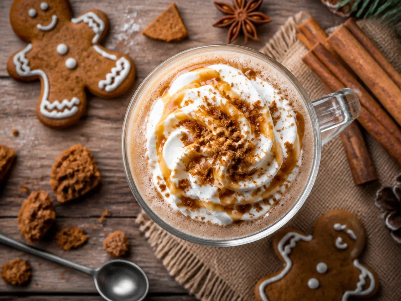 A blended gingerbread frappe topped with whipped cream and a dusting of ginger