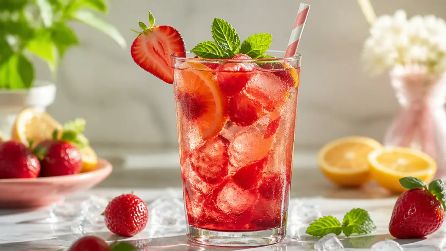 A colourful lineup of fun non alcoholic drinks in tall glasses garnished with fruit, mint and striped straws on a wooden table