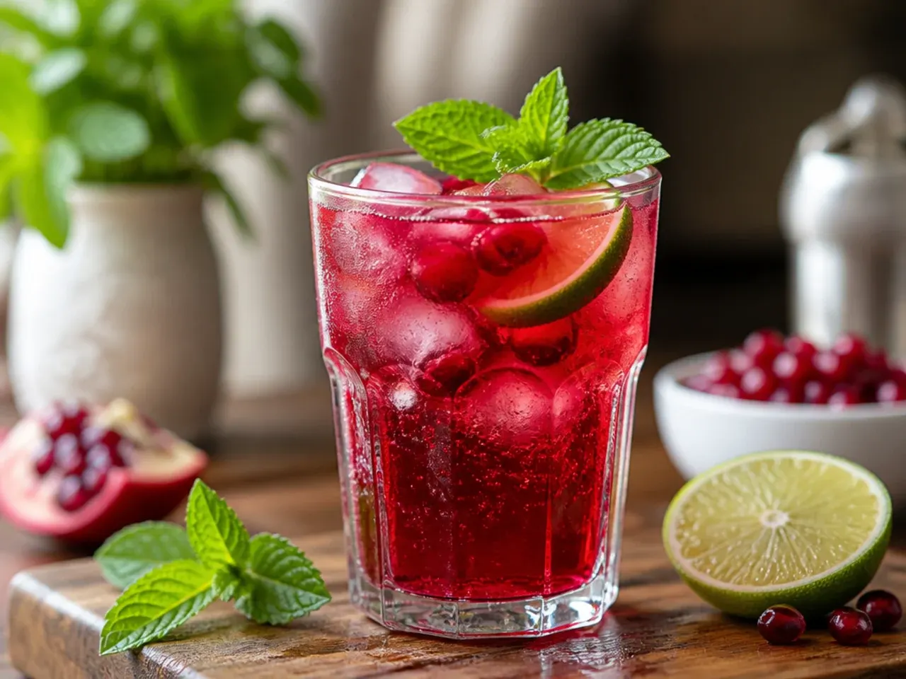 Overhead shot of several fun non alcoholic drinks in different colours arranged on a table with ice and garnishes