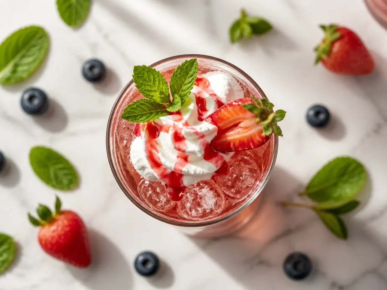 Sparkling berry iced tea cooler in a tall glass with ice and fresh raspberries