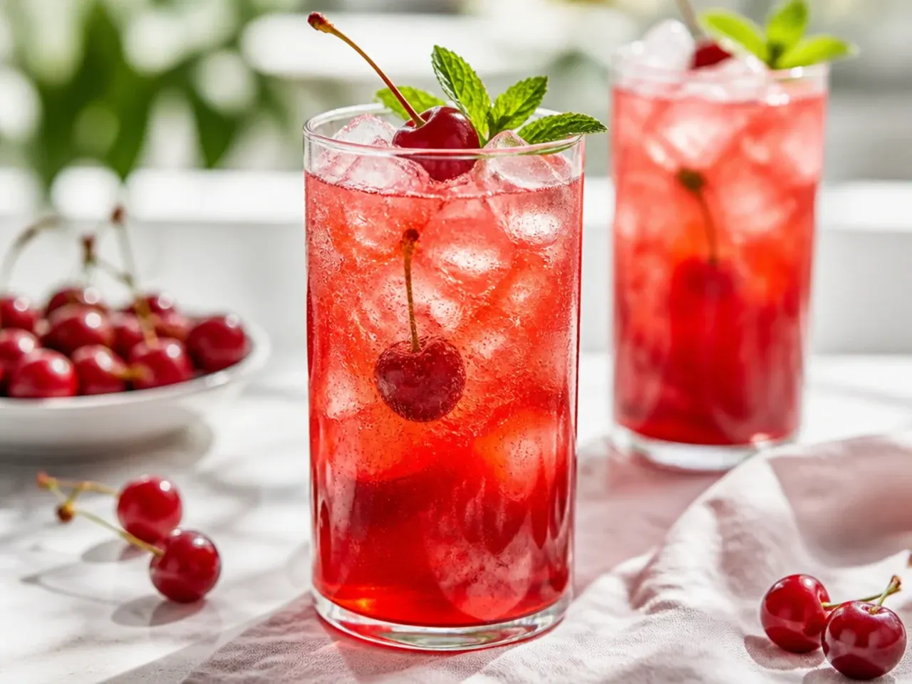 Classic Shirley Temple mocktail with grenadine swirl, ice and a maraschino cherry