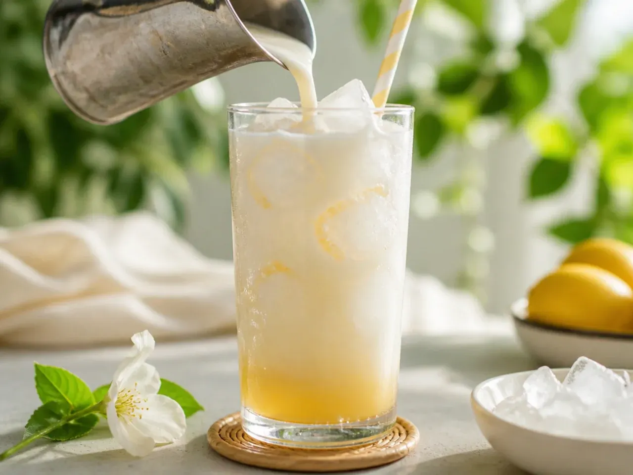 Creamy vanilla Italian soda with a cream float in a tall glass and striped straw