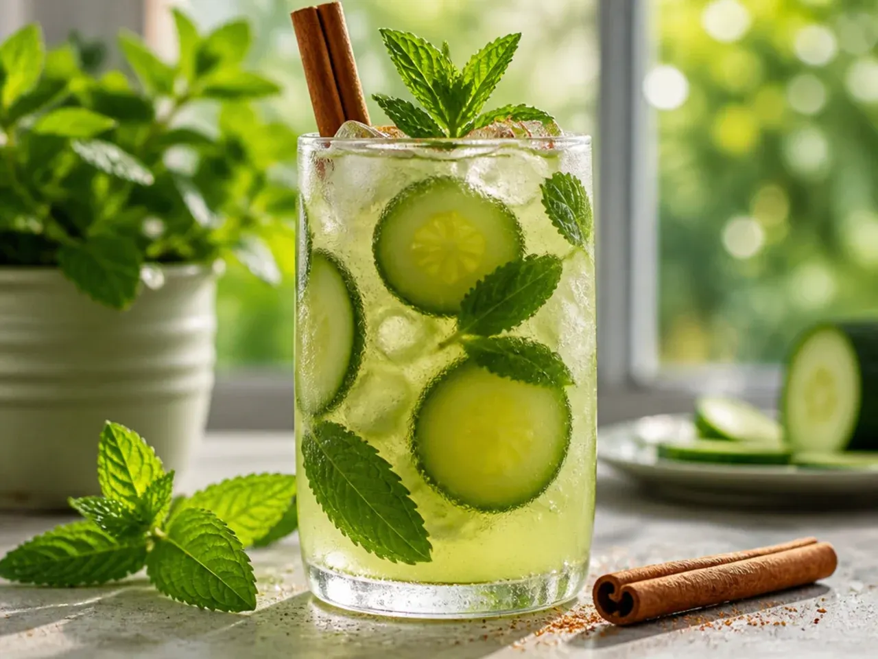 Refreshing cucumber mint cooler with muddled cucumber slices and mint in a glass